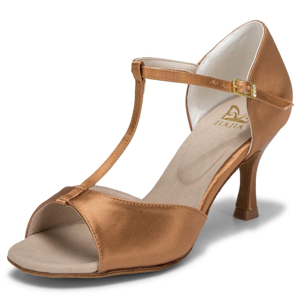 JIAJIA 20511 Women's Satin Sandals Flared Heel Latin Salsa Performance Dance Shoes Color Tan,Size 8 B(M) US/39 EU