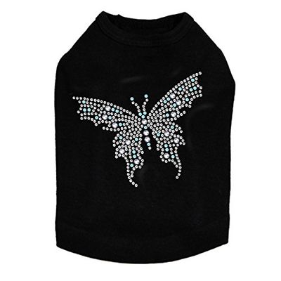 Blue Swarovski Butterfly - Dog Tank, M Black