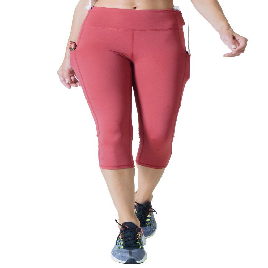 YELETE Side Pocket Performance Capri Leggings Brick Red Color Size L