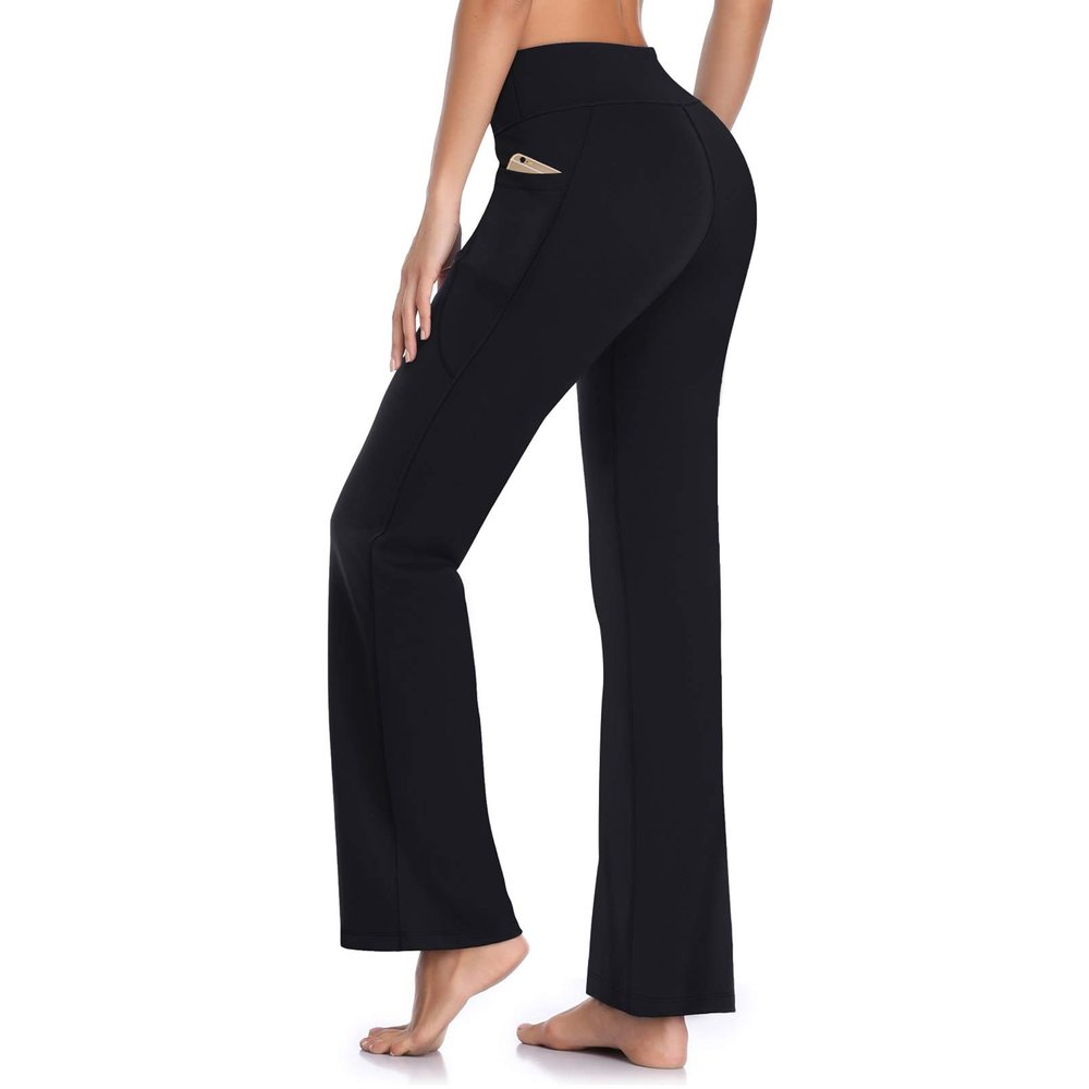 HISKYWIN Side Pockets Yoga Pants 4 Way Stretch Tummy Control Workout Running Pants, Long Bootleg Flare Pants HF201-Black-L