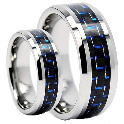 Wedding Rings for Him and Her - 8mm/6mm Tungsten Carbide Wedding Band Ring Set, Blue Carbon Fiber Inlay - Couple Rings Set - Wedding Bands for Couples - Wedding Band Sets for Couples
