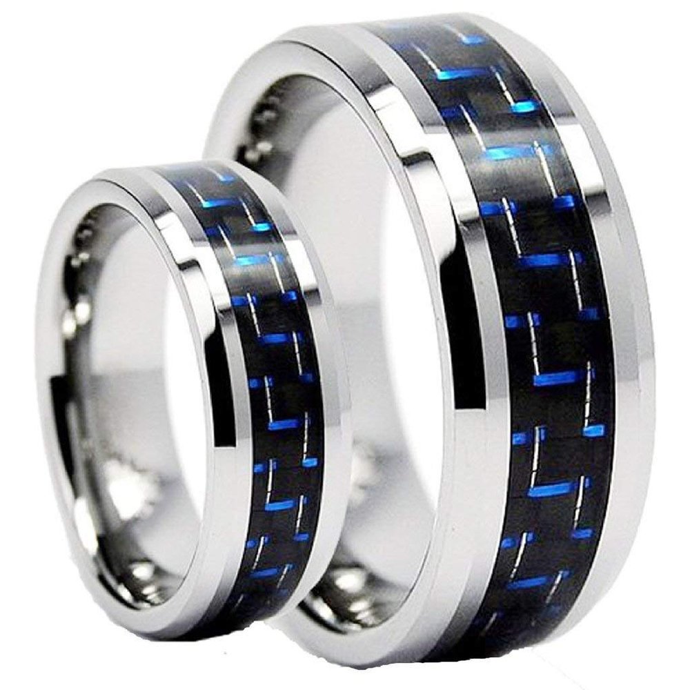 Wedding Rings for Him and Her - 8mm/6mm Tungsten Carbide Wedding Band Ring Set, Blue Carbon Fiber Inlay - Couple Rings Set - Wedding Bands for Couples - Wedding Band Sets for Couples