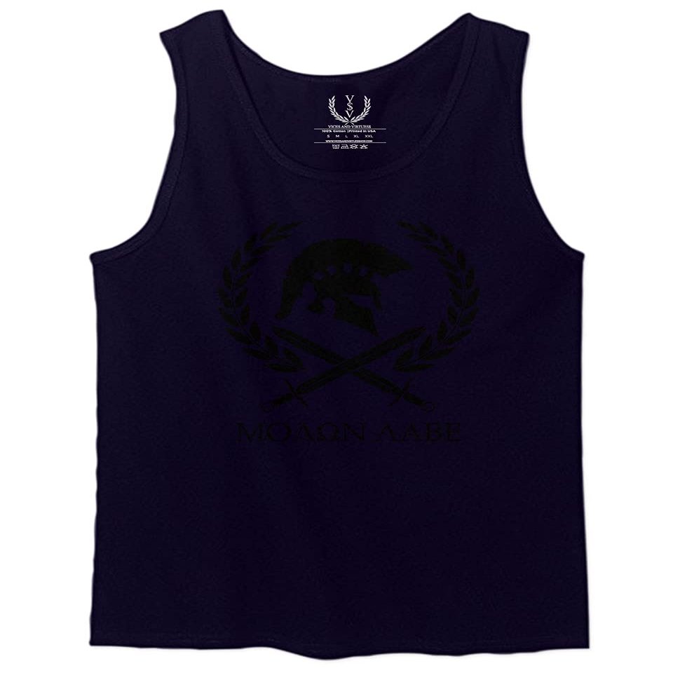 0143. Spartan Molon Labe Military Patriotic Greek Helment Graphic Men's Tank Top (Navy Blue, X-Large)