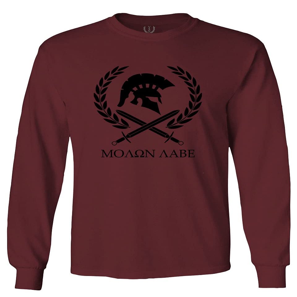 0143. Spartan Molon Labe Military Patriotic Greek Helment Graphic Men's Long Sleeve t Shirt (Maroon X-Large)