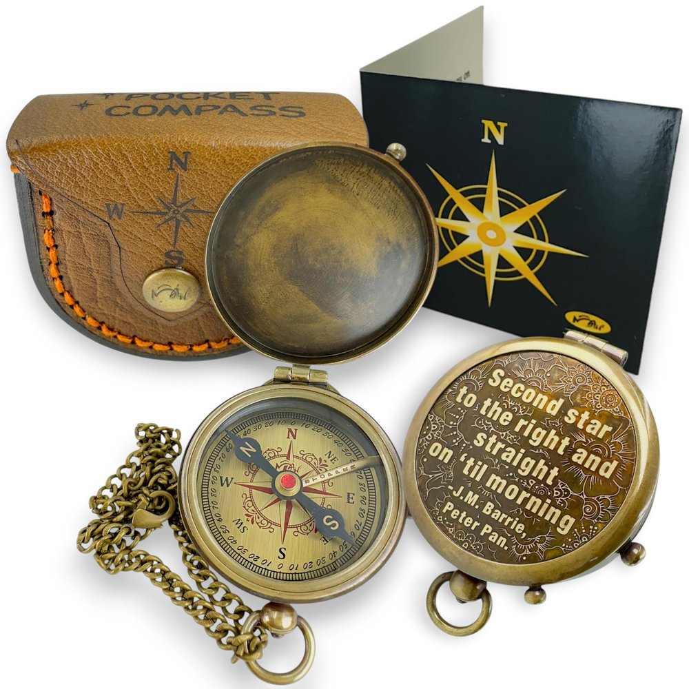 Brass Compass with Second Star to the Right Embossed Dial Inspirational Pocket Compass Gift for Son, Daughter, or Friend | Motivational Keepsake for Graduation, Birthday, Christmas, or Travel gift