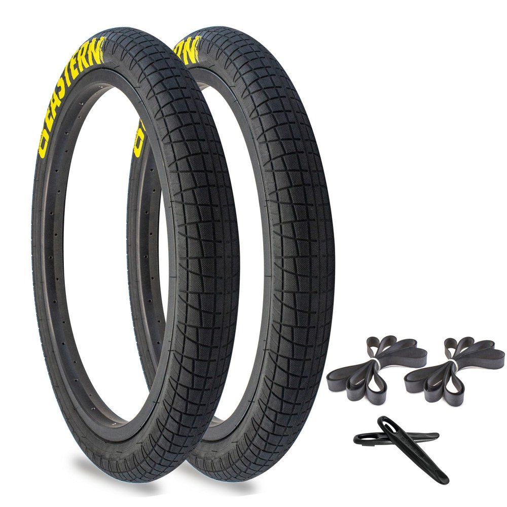 Eastern Bikes Throttle 20 inch BMX Tires Available with or Without Tubes, 2.2, 2.3 and 2.4 Inch Widths, White or Yellow Logo. (2.3" Yellow Logo, 2 Pack Without Tubes)