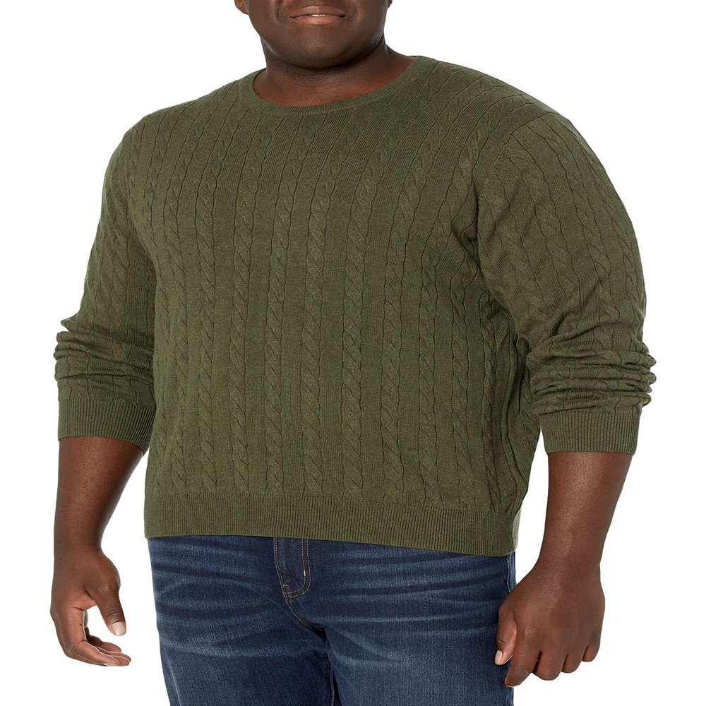 Amazon Essentials Men's Crewneck Cable Cotton Pullover Sweater, Olive Heather, XX-Large