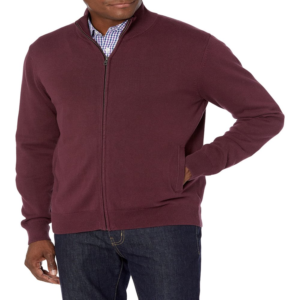 Amazon Essentials Men's Full-Zip Cotton Sweater, Burgundy, XX-Large