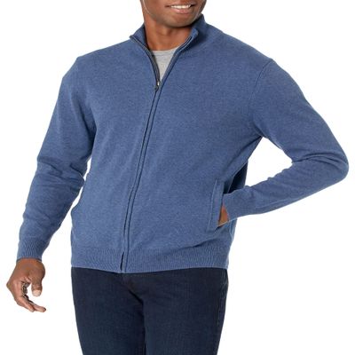 Amazon Essentials Men's Full-Zip Cotton Sweater, Blue Heather, X-Large