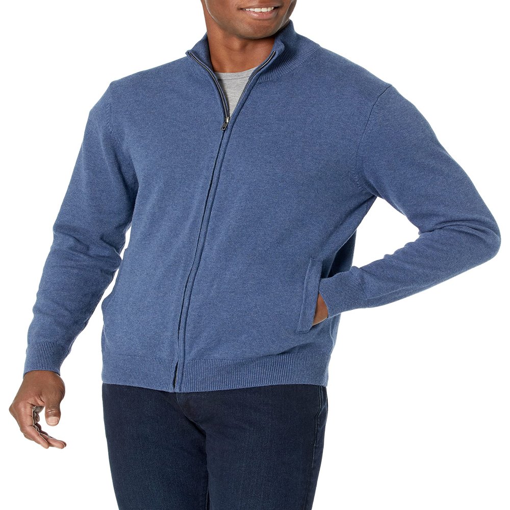 Amazon Essentials Men's Full-Zip Cotton Sweater, Blue Heather, X-Large
