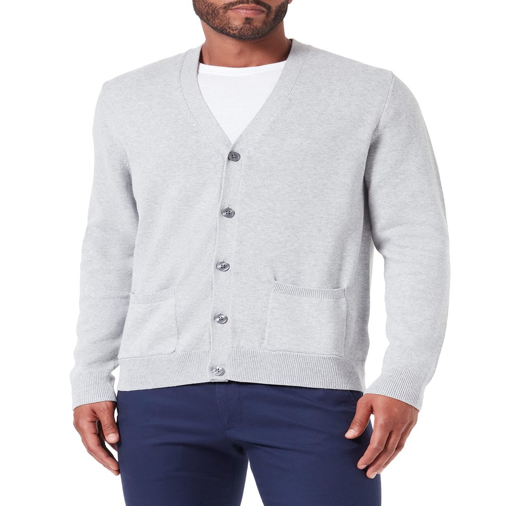 Amazon Essentials Men's V-Neck Cotton Cardigan Sweater, Light Grey Heather, Small