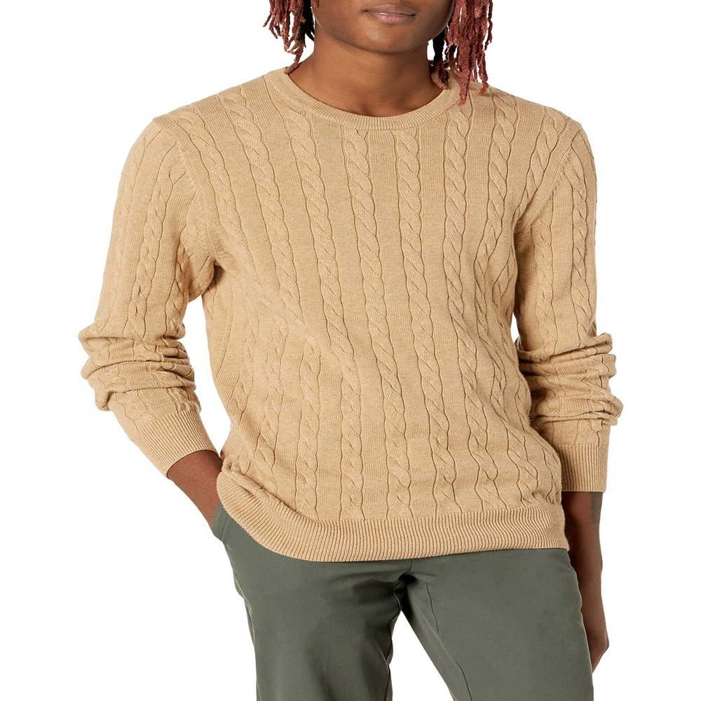 Amazon Essentials Men's Crewneck Cable Cotton Pullover Sweater, Camel Heather, X-Large