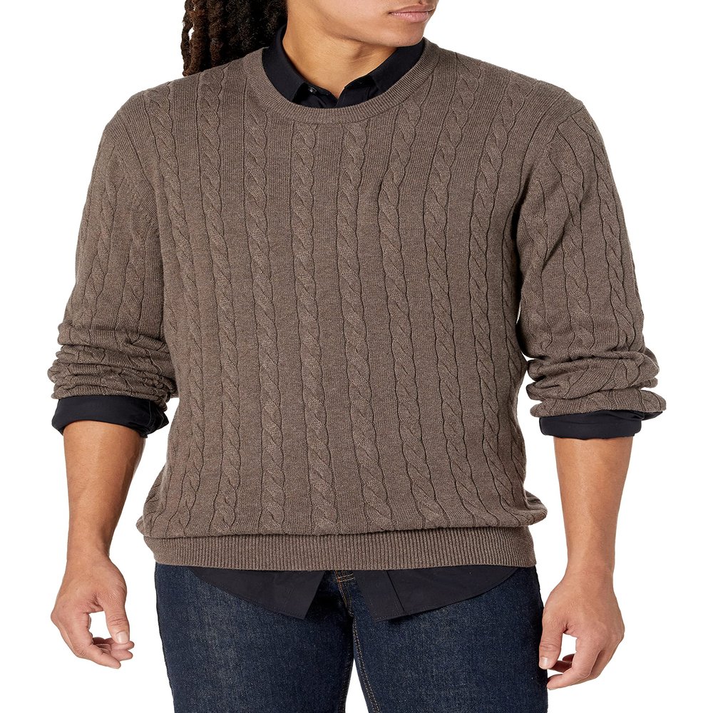 Amazon Essentials Men's Crewneck Cable Cotton Sweater, Brown Heather, X-Small