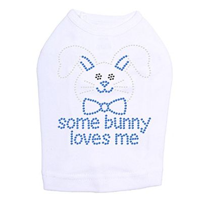 Some Bunny Loves Me - Blue - Bling Rhinestone Easter Dog Shirt, XXS White