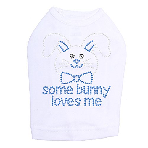 Some Bunny Loves Me - Blue - Bling Rhinestone Easter Dog Shirt, XXS White