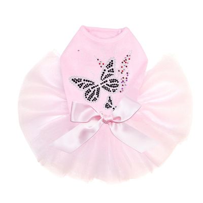 Dog in the Closet Black Butterfly with Flowers - Bling Rhinestone Tutu Dress, L Pink