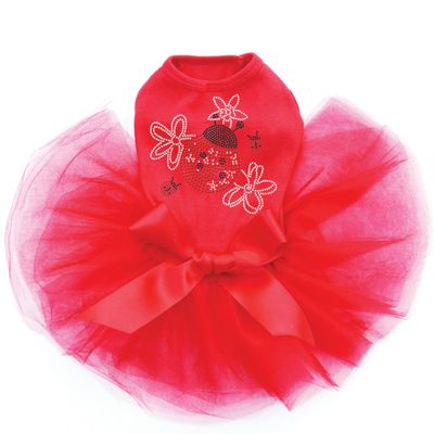 Large Lady Bug with Flowers - Bling Rhinestone Tutu Dress, S Red