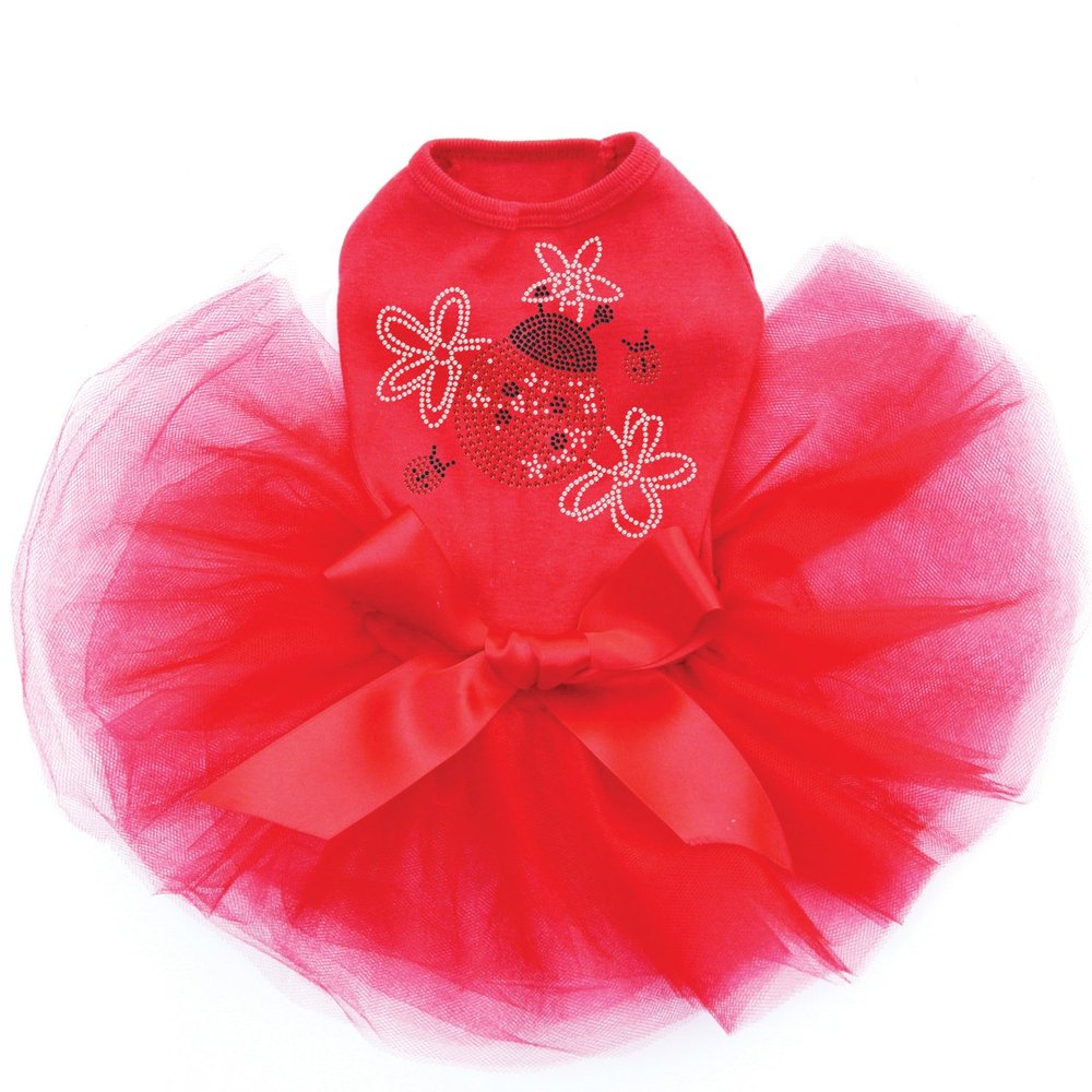 Large Lady Bug with Flowers - Bling Rhinestone Tutu Dress, S Red