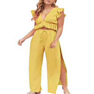 FANCYINN Womens 2 Pieces Outfits Deep V Neck Crop Top Side Slit Drawstring Wide Leg Pants Set Jumpsuits Turmeric S