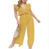 FANCYINN Womens 2 Pieces Outfits Deep V Neck Crop Top Side Slit Drawstring Wide Leg Pants Set Jumpsuits Turmeric S view 2