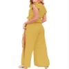 FANCYINN Womens 2 Pieces Outfits Deep V Neck Crop Top Side Slit Drawstring Wide Leg Pants Set Jumpsuits Turmeric S view 3