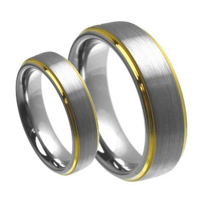 Wedding Rings for Him and Her - 8mm/6mm Brushed Center with Gold Step Edge Tungsten Carbide - Couple Rings Set - Wedding Bands for Couples - Wedding Band Sets for Couples