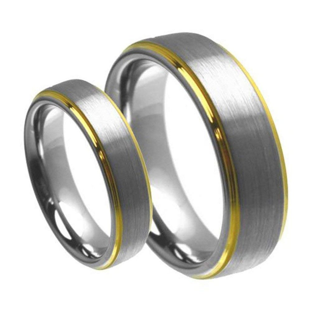 Wedding Rings for Him and Her - 8mm/6mm Brushed Center with Gold Step Edge Tungsten Carbide - Couple Rings Set - Wedding Bands for Couples - Wedding Band Sets for Couples