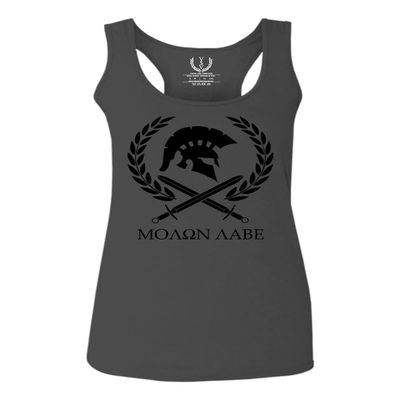 0143. Spartan Molon Labe Military Patriotic Greek Helment Graphic Women's Tank Top Racerback (Characol Small)