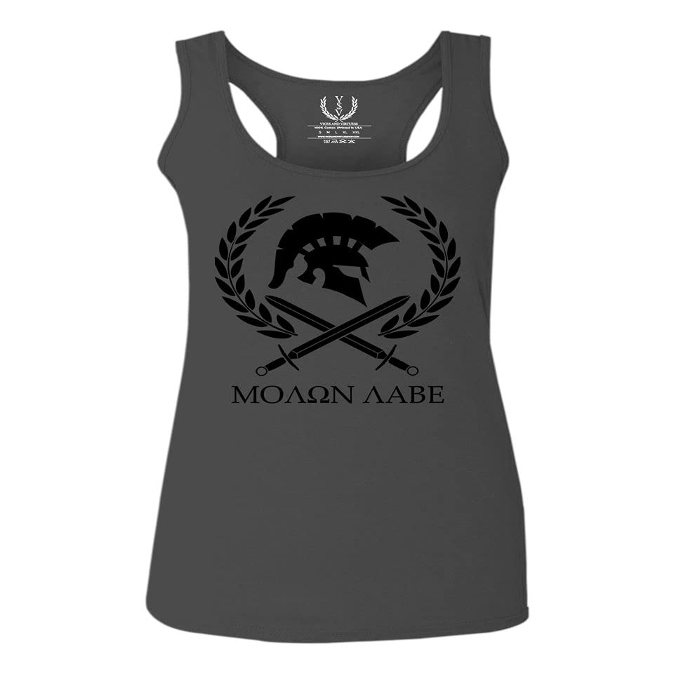 0143. Spartan Molon Labe Military Patriotic Greek Helment Graphic Women's Tank Top Racerback (Characol Small)