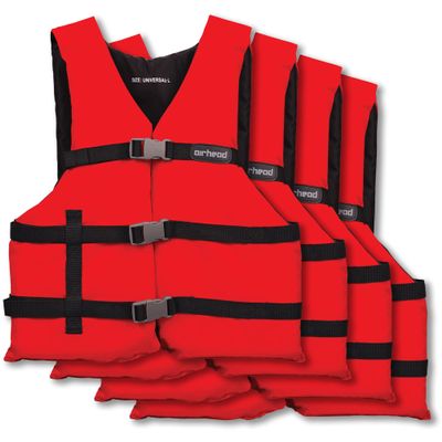 AIRHEAD General All Purpose Life Jacket, US Coast Guard Approved Type III unisex adult Life Vest Perfect for Boating and Personal Watercraft Use - 4 Pack, Red