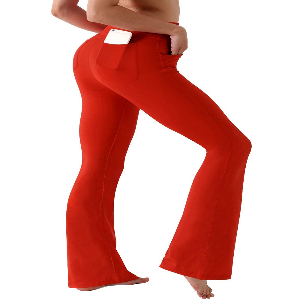 BUBBLELIME 29"/31"/33"/35" 4 Styles Women's High Waist Bootcut Yoga Pants - Out Pockets_Scarlet XL-29 Inseam