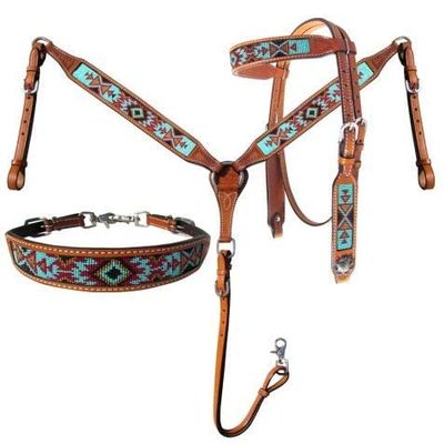 Showman Argentina Cow Leather Headstall & Breast Collar Set w/Aztec Beaded Inlays