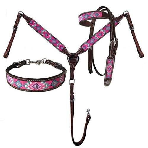 Showman Argentina Cow Leather Headstall & Breast Collar Set w/Pink Navajo Beaded Inlays