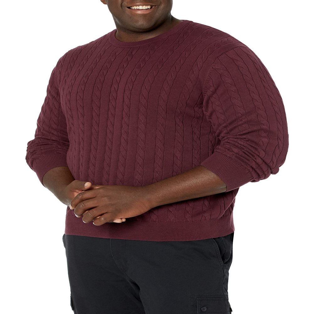 Amazon Essentials Men's Crewneck Cable Cotton Pullover Sweater, Burgundy, Small