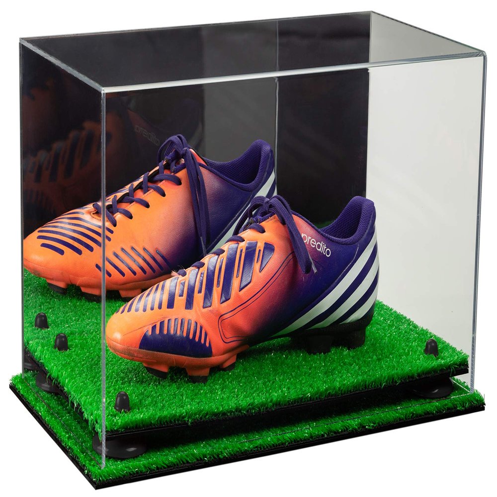 Better Display Cases Acrylic Large Shoe Display Case for Basketball Shoe Soccer Cleat Football Cleat with Mirror, Black Risers and Turf Base (A013-BR)