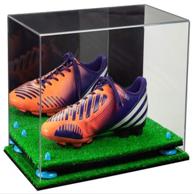 Better Display Cases Acrylic Large Shoe Display Case for Basketball Shoe Soccer Cleat Football Cleat with Mirror, Light Blue Risers and Turf Base (A013-BLR)
