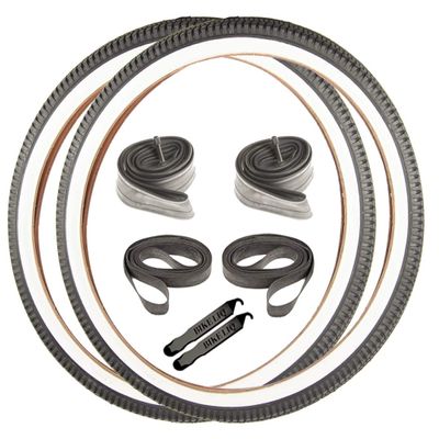 Beach Cruiser Street Leisure Wire Bead Whitewall 26 x 2.125 OEM Replacement Bike Tire Tube Rim Strip Lever Kit Bundle