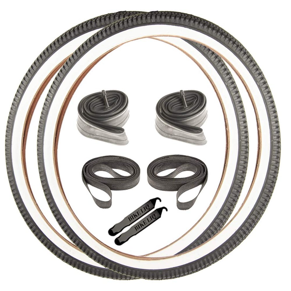 Beach Cruiser Street Leisure Wire Bead Whitewall 26 x 2.125 OEM Replacement Bike Tire Tube Rim Strip Lever Kit Bundle