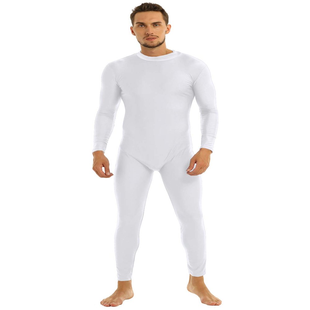 inlzdz Men's Spandex One Piece Mock Neck Long Sleeve Full Bodysuit Unitard Zentai Costume White X-Large