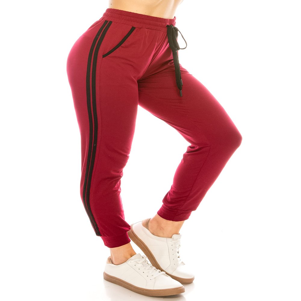 ALWAYS Women Joggers Active Sweatpants - Buttery Soft Light Comfy Lounge Striped Pants with Pockets Burgundy Black S/M