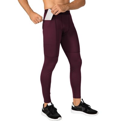 TopTie Men's Compression Pants, Zipper Pocket Sports Leggings, Base Layer Workout Pants-Maroon-L