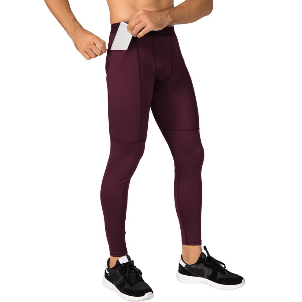 TopTie Men's Compression Pants, Zipper Pocket Sports Leggings, Base Layer Workout Pants-Maroon-L