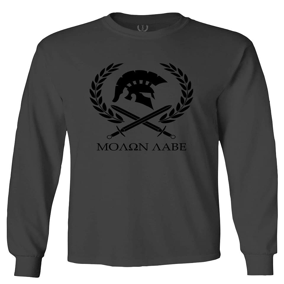 0143. Spartan Molon Labe Military Patriotic Greek Helment Graphic Men's Long Sleeve t Shirt (Characol, Small)