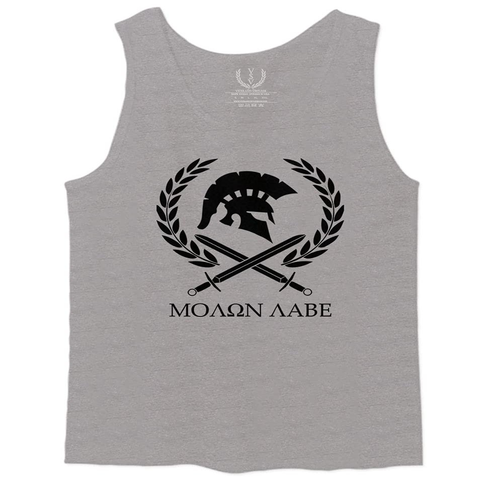 0143. Spartan Molon Labe Military Patriotic Greek Helment Graphic Men's Tank Top (Light Gray X-Large)