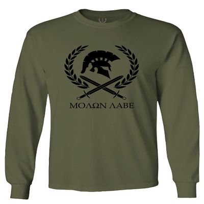 0143. Spartan Molon Labe Military Patriotic Greek Helment Graphic Men's Long Sleeve t Shirt (Olive, Large)