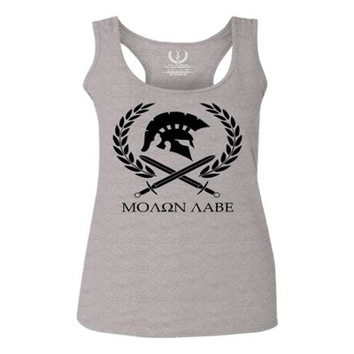 0143. Spartan Molon Labe Military Patriotic Greek Helment Graphic Women's Tank Top Racerback (Light Gray Large)