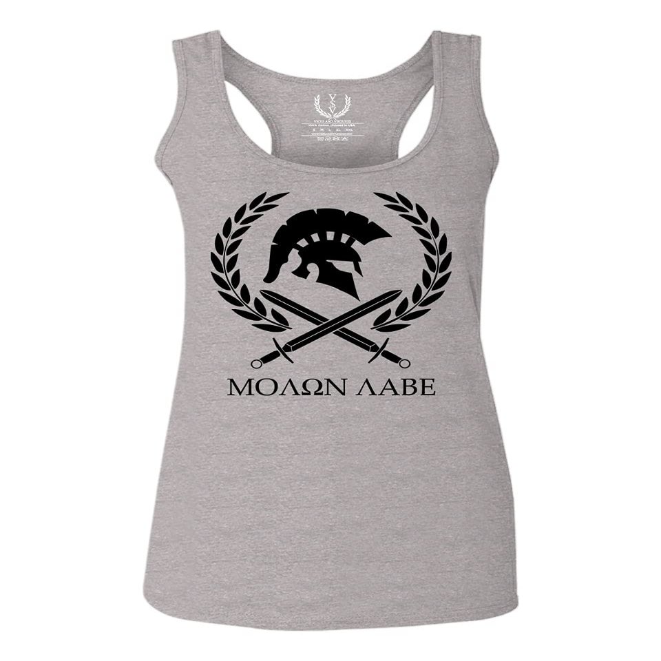 0143. Spartan Molon Labe Military Patriotic Greek Helment Graphic Women's Tank Top Racerback (Light Gray Large)