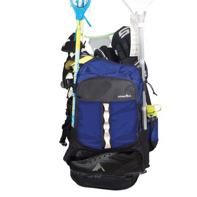 Athletico Lacrosse Bag - Extra Large Backpack - Field Hockey Equipment - Two Stick Holders and Separate Cleats Compartment (Blue)
