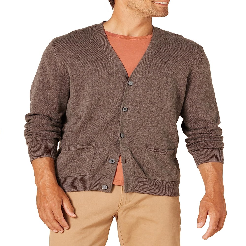 Amazon Essentials Men's Cotton Cardigan Sweater, Brown Heather, Small