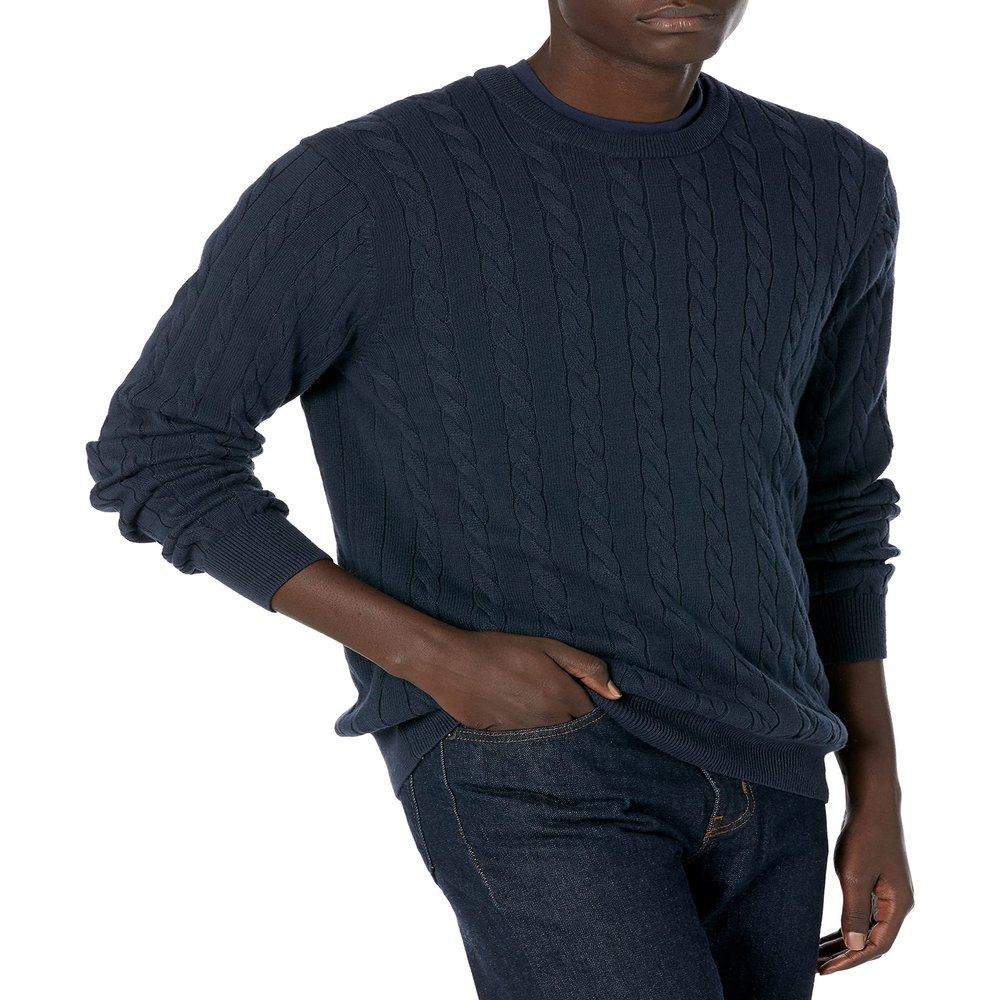 Amazon Essentials Men's Crewneck Cable Cotton Sweater, Navy, Small